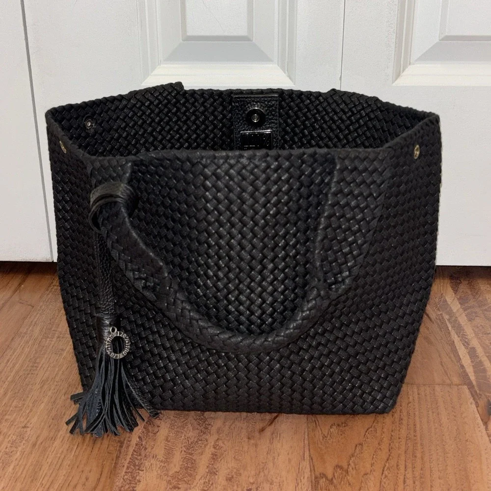 NWOT 120% Lino Italian Black Woven Handbag Mini Tote Logo Tassel